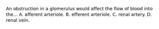 An obstruction in a glomerulus would affect the flow of blood into the... A. afferent arteriole. B. efferent arteriole. C. renal artery. D. renal vein.