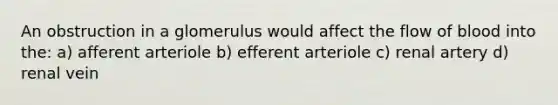 An obstruction in a glomerulus would affect the flow of blood into the: a) afferent arteriole b) efferent arteriole c) renal artery d) renal vein