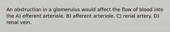 An obstruction in a glomerulus would affect the flow of blood into the A) efferent arteriole. B) afferent arteriole. C) renal artery. D) renal vein.