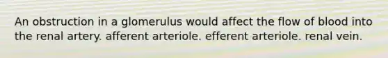 An obstruction in a glomerulus would affect the flow of blood into the renal artery. afferent arteriole. efferent arteriole. renal vein.