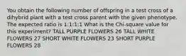 You obtain the following number of offspring in a test cross of a dihybrid plant with a test cross parent with the given phenotype. The expected ratio is 1:1:1:1 What is the Chi-square value for this experiment? TALL PURPLE FLOWERS 26 TALL WHITE FLOWERS 27 SHORT WHITE FLOWERS 23 SHORT PURPLE FLOWERS 28