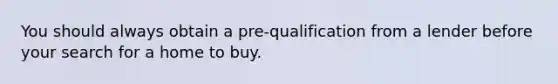 You should always obtain a pre-qualification from a lender before your search for a home to buy.