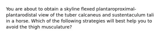 You are about to obtain a skyline flexed plantaroproximal-plantarodistal view of the tuber calcaneus and sustentaculum tali in a horse. Which of the following strategies will best help you to avoid the thigh musculature?