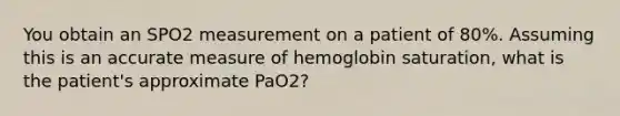 You obtain an SPO2 measurement on a patient of 80%. Assuming this is an accurate measure of hemoglobin saturation, what is the patient's approximate PaO2?