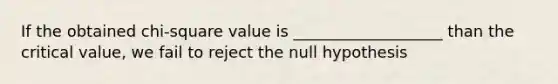 If the obtained chi-square value is ___________________ than the critical value, we fail to reject the null hypothesis