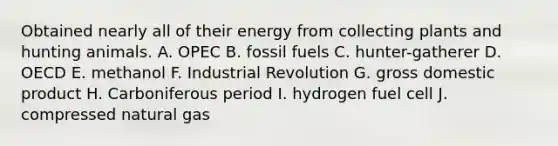 Obtained nearly all of their energy from collecting plants and hunting animals. A. OPEC B. fossil fuels C. hunter-gatherer D. OECD E. methanol F. Industrial Revolution G. gross domestic product H. Carboniferous period I. hydrogen fuel cell J. compressed natural gas