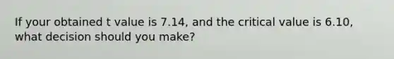 If your obtained t value is 7.14, and the critical value is 6.10, what decision should you make?