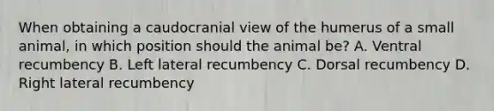 When obtaining a caudocranial view of the humerus of a small animal, in which position should the animal be? A. Ventral recumbency B. Left lateral recumbency C. Dorsal recumbency D. Right lateral recumbency