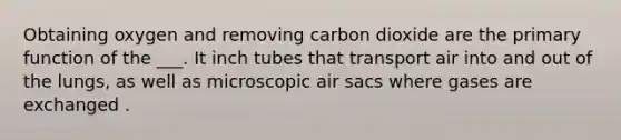 Obtaining oxygen and removing carbon dioxide are the primary function of the ___. It inch tubes that transport air into and out of the lungs, as well as microscopic air sacs where gases are exchanged .