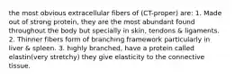 the most obvious extracellular fibers of (CT-proper) are: 1. Made out of strong protein, they are the most abundant found throughout the body but specially in skin, tendons & ligaments. 2. Thinner fibers form of branching framework particularly in liver & spleen. 3. highly branched, have a protein called elastin(very stretchy) they give elasticity to the connective tissue.