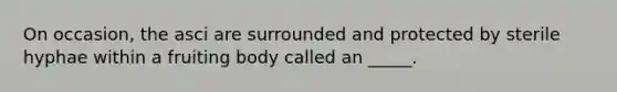 On occasion, the asci are surrounded and protected by sterile hyphae within a fruiting body called an _____.