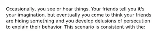 Occasionally, you see or hear things. Your friends tell you it's your imagination, but eventually you come to think your friends are hiding something and you develop delusions of persecution to explain their behavior. This scenario is consistent with the: