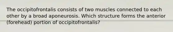 The occipitofrontalis consists of two muscles connected to each other by a broad aponeurosis. Which structure forms the anterior (forehead) portion of occipitofrontalis?