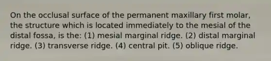 On the occlusal surface of the permanent maxillary first molar, the structure which is located immediately to the mesial of the distal fossa, is the: (1) mesial marginal ridge. (2) distal marginal ridge. (3) transverse ridge. (4) central pit. (5) oblique ridge.