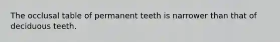 The occlusal table of permanent teeth is narrower than that of deciduous teeth.