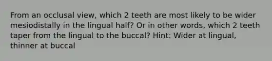 From an occlusal view, which 2 teeth are most likely to be wider mesiodistally in the lingual half? Or in other words, which 2 teeth taper from the lingual to the buccal? Hint: Wider at lingual, thinner at buccal