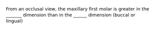 From an occlusal view, the maxillary first molar is greater in the _______ dimension than in the ______ dimension (buccal or lingual)