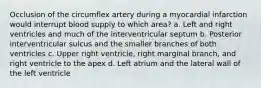 Occlusion of the circumflex artery during a myocardial infarction would interrupt blood supply to which area? a. Left and right ventricles and much of the interventricular septum b. Posterior interventricular sulcus and the smaller branches of both ventricles c. Upper right ventricle, right marginal branch, and right ventricle to the apex d. Left atrium and the lateral wall of the left ventricle