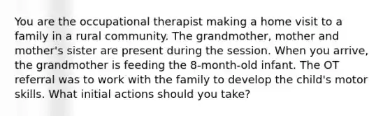 You are the occupational therapist making a home visit to a family in a rural community. The grandmother, mother and mother's sister are present during the session. When you arrive, the grandmother is feeding the 8-month-old infant. The OT referral was to work with the family to develop the child's motor skills. What initial actions should you take?