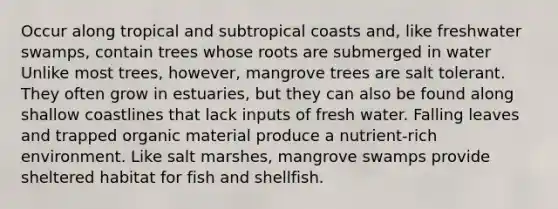 Occur along tropical and subtropical coasts and, like freshwater swamps, contain trees whose roots are submerged in water Unlike most trees, however, mangrove trees are salt tolerant. They often grow in estuaries, but they can also be found along shallow coastlines that lack inputs of fresh water. Falling leaves and trapped organic material produce a nutrient-rich environment. Like salt marshes, mangrove swamps provide sheltered habitat for fish and shellfish.