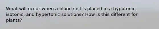 What will occur when a blood cell is placed in a hypotonic, isotonic, and hypertonic solutions? How is this different for plants?