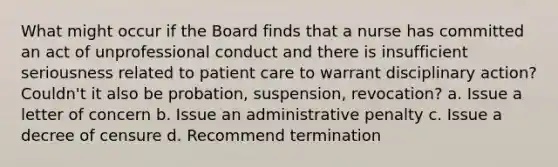 What might occur if the Board finds that a nurse has committed an act of unprofessional conduct and there is insufficient seriousness related to patient care to warrant disciplinary action? Couldn't it also be probation, suspension, revocation? a. Issue a letter of concern b. Issue an administrative penalty c. Issue a decree of censure d. Recommend termination