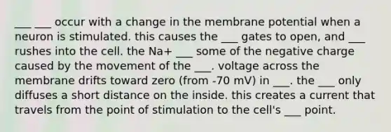 ___ ___ occur with a change in the membrane potential when a neuron is stimulated. this causes the ___ gates to open, and ___ rushes into the cell. the Na+ ___ some of the negative charge caused by the movement of the ___. voltage across the membrane drifts toward zero (from -70 mV) in ___. the ___ only diffuses a short distance on the inside. this creates a current that travels from the point of stimulation to the cell's ___ point.