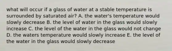 what will occur if a glass of water at a stable temperature is surrounded by saturated air? A. the water's temperature would slowly decrease B. the level of water in the glass would slowly increase C. the level of the water in the glass would not change D. the waters temperature would slowly increase E. the level of the water in the glass would slowly decrease