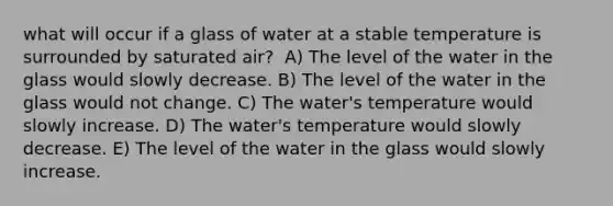 what will occur if a glass of water at a stable temperature is surrounded by saturated air? ​ A) The level of the water in the glass would slowly decrease. B) The level of the water in the glass would not change. ​C) The water's temperature would slowly increase. ​D) The water's temperature would slowly decrease. ​E) The level of the water in the glass would slowly increase.