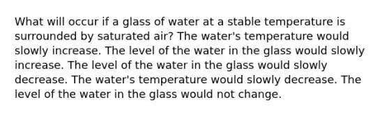 What will occur if a glass of water at a stable temperature is surrounded by saturated air? ​The water's temperature would slowly increase. ​The level of the water in the glass would slowly increase. ​The level of the water in the glass would slowly decrease. ​The water's temperature would slowly decrease. ​The level of the water in the glass would not change.