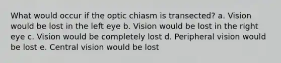 What would occur if the optic chiasm is transected? a. Vision would be lost in the left eye b. Vision would be lost in the right eye c. Vision would be completely lost d. Peripheral vision would be lost e. Central vision would be lost