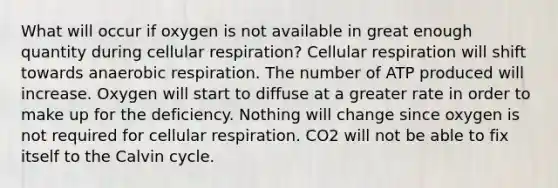 What will occur if oxygen is not available in great enough quantity during <a href='https://www.questionai.com/knowledge/k1IqNYBAJw-cellular-respiration' class='anchor-knowledge'>cellular respiration</a>? Cellular respiration will shift towards an<a href='https://www.questionai.com/knowledge/kyxGdbadrV-aerobic-respiration' class='anchor-knowledge'>aerobic respiration</a>. The number of ATP produced will increase. Oxygen will start to diffuse at a greater rate in order to make up for the deficiency. Nothing will change since oxygen is not required for cellular respiration. CO2 will not be able to fix itself to the Calvin cycle.