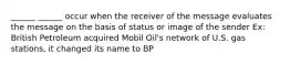 ______ ______ occur when the receiver of the message evaluates the message on the basis of status or image of the sender Ex: British Petroleum acquired Mobil Oil's network of U.S. gas stations, it changed its name to BP