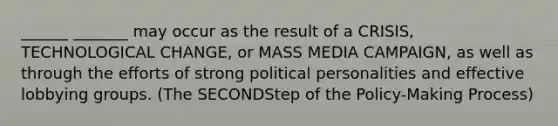 ______ _______ may occur as the result of a CRISIS, TECHNOLOGICAL CHANGE, or MASS MEDIA CAMPAIGN, as well as through the efforts of strong political personalities and effective lobbying groups. (The SECONDStep of the Policy-Making Process)