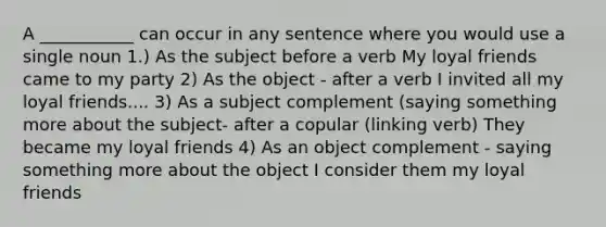 A ___________ can occur in any sentence where you would use a single noun 1.) As the subject before a verb My loyal friends came to my party 2) As the object - after a verb I invited all my loyal friends.... 3) As a subject complement (saying something more about the subject- after a copular (linking verb) They became my loyal friends 4) As an object complement - saying something more about the object I consider them my loyal friends