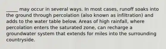 _____ may occur in several ways. In most cases, runoff soaks into the ground through percolation (also known as infiltration) and adds to the water table below. Areas of high rainfall, where percolation enters the saturated zone, can recharge a groundwater system that extends for miles into the surrounding countryside.