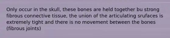 Only occur in the skull, these bones are held together bu strong fibrous <a href='https://www.questionai.com/knowledge/kYDr0DHyc8-connective-tissue' class='anchor-knowledge'>connective tissue</a>, the union of the articulating srufaces is extremely tight and there is no movement between the bones (fibrous joints)