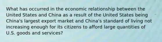 What has occurred in the economic relationship between the United States and China as a result of the United States being China's largest export market and China's standard of living not increasing enough for its citizens to afford large quantities of U.S. goods and services?