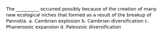 The __________ occurred possibly because of the creation of many new ecological niches that formed as a result of the breakup of Pannotia. a. Cambrian explosion b. Cambrian diversification c. Phanerozoic expansion d. Paleozoic diversification