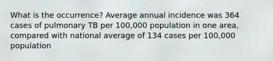 What is the occurrence? Average annual incidence was 364 cases of pulmonary TB per 100,000 population in one area, compared with national average of 134 cases per 100,000 population