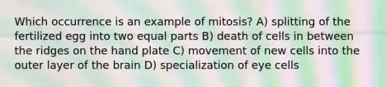 Which occurrence is an example of mitosis? A) splitting of the fertilized egg into two equal parts B) death of cells in between the ridges on the hand plate C) movement of new cells into the outer layer of the brain D) specialization of eye cells