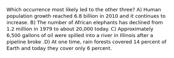 Which occurrence most likely led to the other three? A) Human population growth reached 6.8 billion in 2010 and it continues to increase. B) The number of African elephants has declined from 1.2 million in 1979 to about 20,000 today. C) Approximately 6,500 gallons of oil were spilled into a river in Illinois after a pipeline broke .D) At one time, rain forests covered 14 percent of Earth and today they cover only 6 percent.