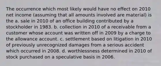 The occurrence which most likely would have no effect on 2010 net income (assuming that all amounts involved are material) is the a. sale in 2010 of an office building contributed by a stockholder in 1983. b. collection in 2010 of a receivable from a customer whose account was written off in 2009 by a charge to the allowance account. c. settlement based on litigation in 2010 of previously unrecognized damages from a serious accident which occurred in 2008. d. worthlessness determined in 2010 of stock purchased on a speculative basis in 2006.