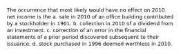 The occurrence that most likely would have no effect on 2010 net income is the a. sale in 2010 of an office building contributed by a stockholder in 1961. b. collection in 2010 of a dividend from an investment. c. correction of an error in the financial statements of a prior period discovered subsequent to their issuance. d. stock purchased in 1996 deemed worthless in 2010.