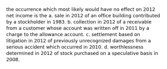 the occurrence which most likely would have no effect on 2012 net income is the a. sale in 2012 of an office building contributed by a stockholder in 1983. b. collection in 2012 of a receivable from a customer whose account was written off in 2011 by a charge to the allowance account. c. settlement based on litigation in 2012 of previously unrecognized damages from a serious accident which occurred in 2010. d. worthlessness determined in 2012 of stock purchased on a speculative basis in 2008.