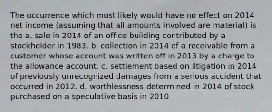 The occurrence which most likely would have no effect on 2014 net income (assuming that all amounts involved are material) is the a. sale in 2014 of an office building contributed by a stockholder in 1983. b. collection in 2014 of a receivable from a customer whose account was written off in 2013 by a charge to the allowance account. c. settlement based on litigation in 2014 of previously unrecognized damages from a serious accident that occurred in 2012. d. worthlessness determined in 2014 of stock purchased on a speculative basis in 2010