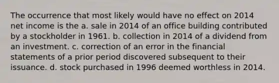 The occurrence that most likely would have no effect on 2014 net income is the a. sale in 2014 of an office building contributed by a stockholder in 1961. b. collection in 2014 of a dividend from an investment. c. correction of an error in the financial statements of a prior period discovered subsequent to their issuance. d. stock purchased in 1996 deemed worthless in 2014.