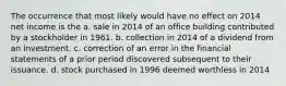 The occurrence that most likely would have no effect on 2014 net income is the a. sale in 2014 of an office building contributed by a stockholder in 1961. b. collection in 2014 of a dividend from an investment. c. correction of an error in the financial statements of a prior period discovered subsequent to their issuance. d. stock purchased in 1996 deemed worthless in 2014