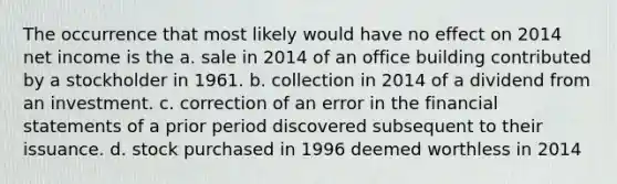 The occurrence that most likely would have no effect on 2014 net income is the a. sale in 2014 of an office building contributed by a stockholder in 1961. b. collection in 2014 of a dividend from an investment. c. correction of an error in the <a href='https://www.questionai.com/knowledge/kFBJaQCz4b-financial-statements' class='anchor-knowledge'>financial statements</a> of a prior period discovered subsequent to their issuance. d. stock purchased in 1996 deemed worthless in 2014