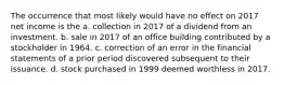 The occurrence that most likely would have no effect on 2017 net income is the a. collection in 2017 of a dividend from an investment. b. sale in 2017 of an office building contributed by a stockholder in 1964. c. correction of an error in the financial statements of a prior period discovered subsequent to their issuance. d. stock purchased in 1999 deemed worthless in 2017.